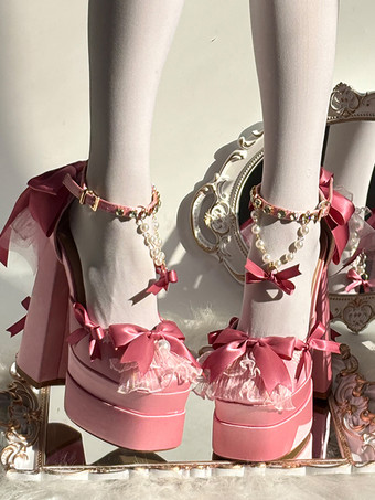 スイートロリータシューズ ピンクチェーン レースアップ リボン ラウンドトゥ チャンキーヒール ロリータシューズ