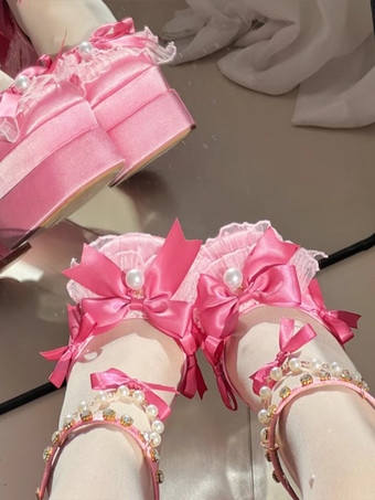 スイートロリータシューズ ピンクチェーン レースアップ リボン ラウンドトゥ チャンキーヒール ロリータシューズ