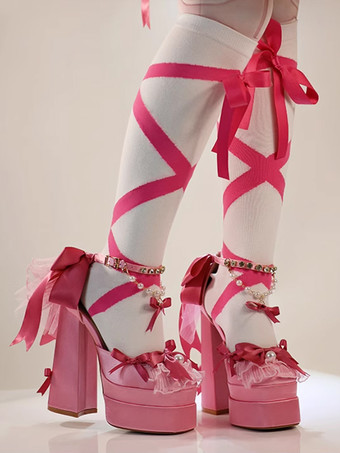 スイートロリータシューズ ピンクチェーン レースアップ リボン ラウンドトゥ チャンキーヒール ロリータシューズ