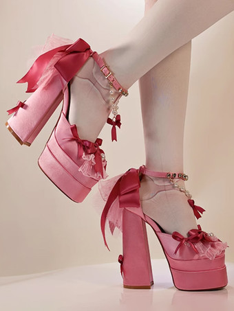 スイートロリータシューズ ピンクチェーン レースアップ リボン ラウンドトゥ チャンキーヒール ロリータシューズ