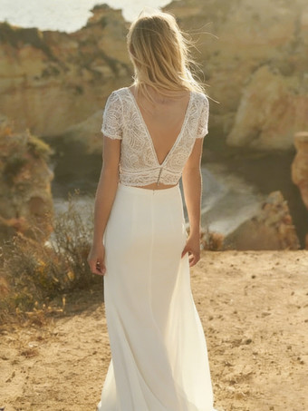 3ピースウェディングドレス レース Vネック Aライン フロアレングス ウェディングドレス 半袖 ロング