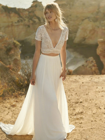 アイボリー3ピースウェディングドレス レース Vネック Aライン フロアレングス ウェディングドレス 半袖 ロング