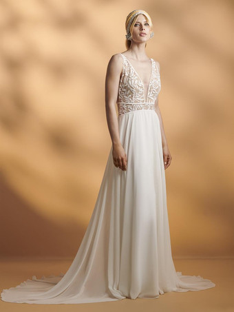 ボヘミアンウェディングドレス シフォンレース Aライン トレーン付き ナチュラルウエスト ジッパー ノースリーブ Vネック ホワイト