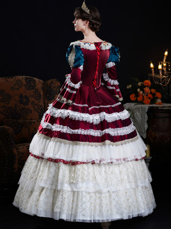 Abito da donna barocco abbigliamento vintage abito da ballo con maniche lunghe in pizzo bordeaux e volant