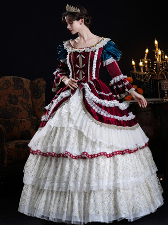 Abito da donna barocco abbigliamento vintage abito da ballo con maniche lunghe in pizzo bordeaux e volant