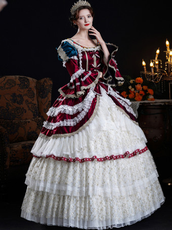 Abito da donna barocco abbigliamento vintage abito da ballo con maniche lunghe in pizzo bordeaux e volant