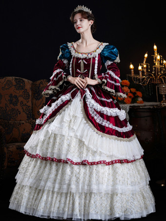 BordeauxAbito da donna barocco abbigliamento vintage abito da ballo con maniche lunghe in pizzo bordeaux e volant