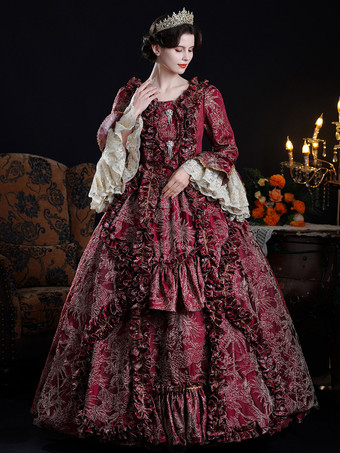 Baroque Women's Dress Vintage Clothing Burgundy Ruffles Long Sleeves Dress