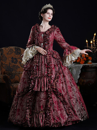 Baroque Women's Dress Vintage Clothing Burgundy Ruffles Long Sleeves Dress
