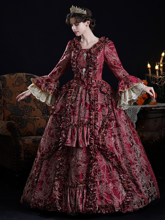 BurgundyBaroque Women's Dress Vintage Clothing Burgundy Ruffles Long Sleeves Dress
