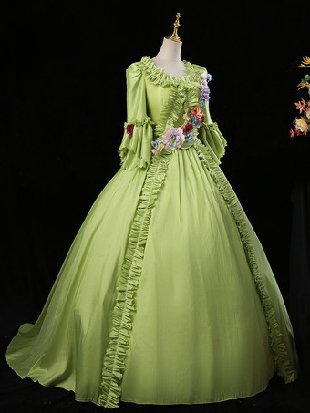 グリーン ロココ調レディースドレス ヴィンテージ 長袖 フリル ボールガウン