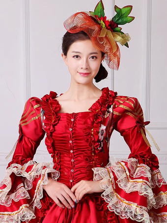 ロココ調レディースドレス ヴィンテージ ポリエステル 花柄 フリル 長袖 ボールガウン