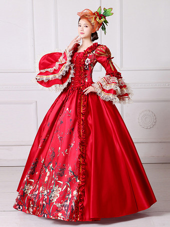 ロココ調レディースドレス ヴィンテージ ポリエステル 花柄 フリル 長袖 ボールガウン