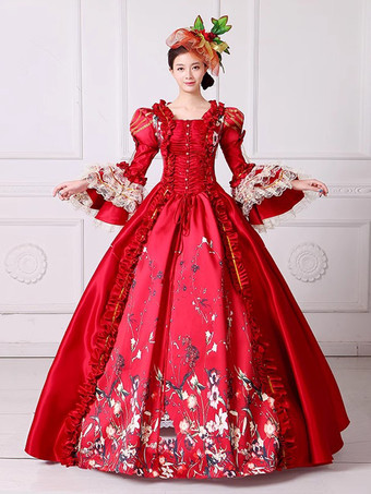 ロココ調レディースドレス ヴィンテージ ポリエステル 花柄 フリル 長袖 ボールガウン