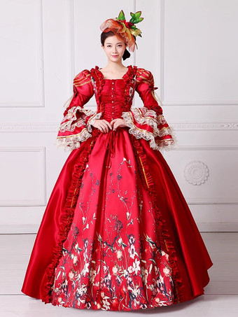 レッド ロココ調レディースドレス ヴィンテージ ポリエステル 花柄 フリル 長袖 ボールガウン