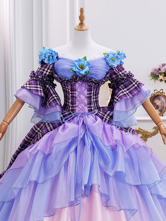 Rococo Women's Dress Vintage Short Sleeve Flowers Ruffles Polyester Plaid Color Block Ball Gown