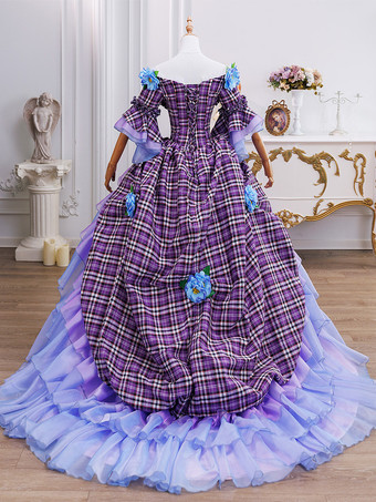 Rococo Women's Dress Vintage Short Sleeve Flowers Ruffles Polyester Plaid Color Block Ball Gown