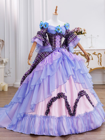 Rococo Women's Dress Vintage Short Sleeve Flowers Ruffles Polyester Plaid Color Block Ball Gown