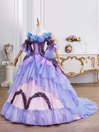 Rococo Women's Dress Vintage Short Sleeve Flowers Ruffles Polyester Plaid Color Block Ball Gown