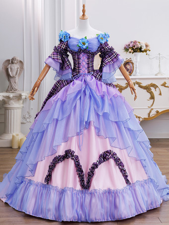 Purple Rococo Women's Dress Vintage Short Sleeve Flowers Ruffles Polyester Plaid Color Block Ball Gown