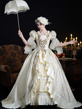 Vestido rococó para mujer estilo vintage con encaje volantes y manga corta.