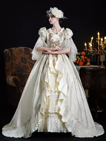 Rococo Women's Dress Vintage Lace Ruffles Short Sleeve Ball Gown -  Milanoo.com