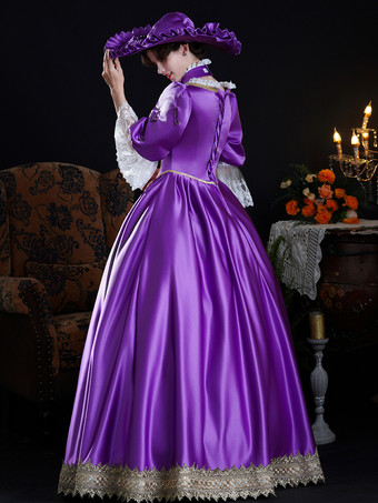 Vestido barroco vintage de encaje morado con mangas largas y bloques de color para mujer