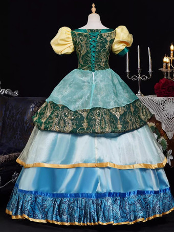 Abito da donna in stile rococò vintage a maniche corte con fiocchi e volant a blocchi di colore