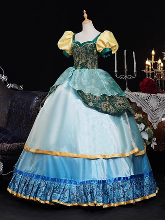 Abito da donna in stile rococò vintage a maniche corte con fiocchi e volant a blocchi di colore