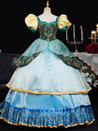 BluAbito da donna in stile rococò vintage a maniche corte con fiocchi e volant a blocchi di colore