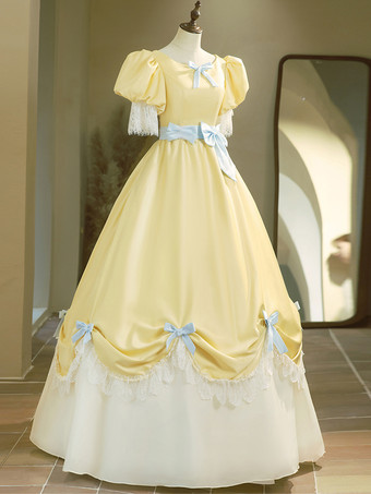 Vestido rococó vintage para mujer manga corta bloques de color volantes lazos vestido de gala