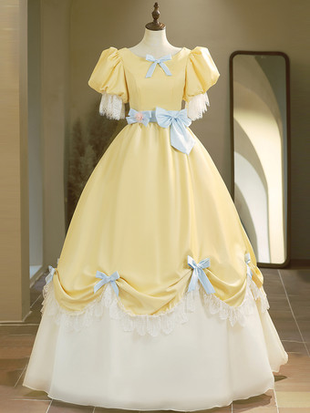 AmarilloVestido rococó vintage para mujer manga corta bloques de color volantes lazos vestido de gala