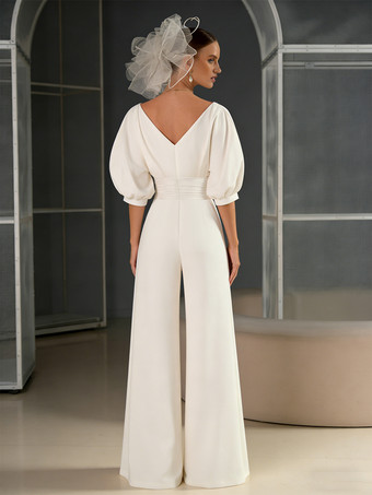 ブライダルジャンプスーツ ポリエステル プリーツ フロアレングス ジャンプスーツ Vネック ハーフスリーブ ナチュラルウエスト アイボリー