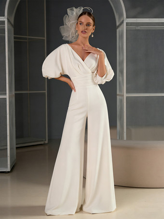 アイボリーブライダルジャンプスーツ ポリエステル プリーツ フロアレングス ジャンプスーツ Vネック ハーフスリーブ ナチュラルウエスト アイボリー