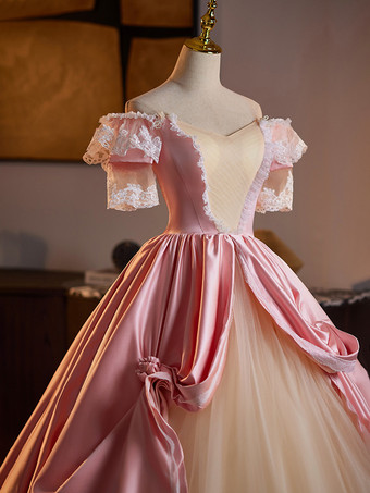 ロココ調レディースドレス ヴィンテージ 半袖 レース 編み上げ ツートン ボールガウン