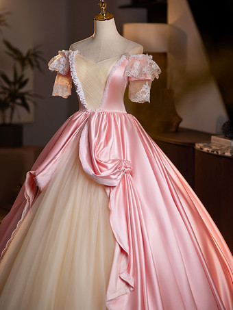 ロココ調レディースドレス ヴィンテージ 半袖 レース 編み上げ ツートン ボールガウン