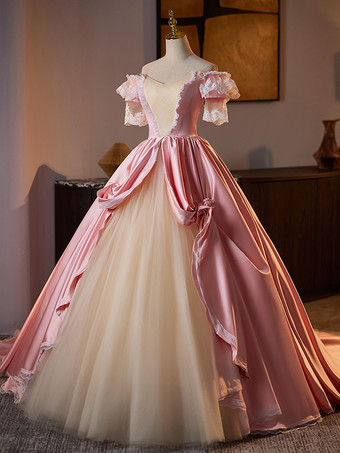 ロココ調レディースドレス ヴィンテージ 半袖 レース 編み上げ ツートン ボールガウン