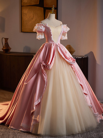 ロココ調レディースドレス ヴィンテージ 半袖 レース 編み上げ ツートン ボールガウン