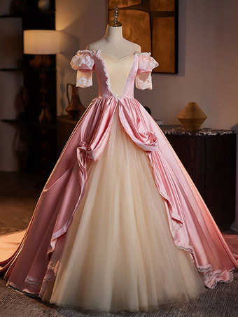 ピンクロココ調レディースドレス ヴィンテージ 半袖 レース 編み上げ ツートン ボールガウン