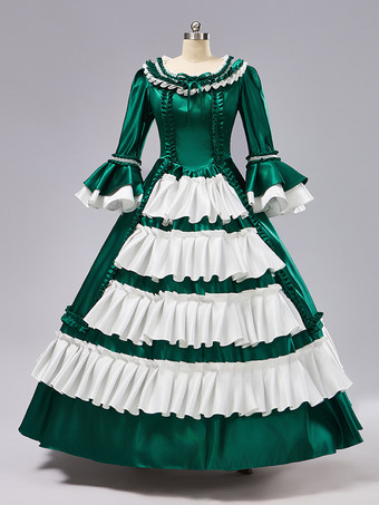 グリーン ロココ調レディースドレス ヴィンテージ 長袖 ツートン フリル ボールガウン