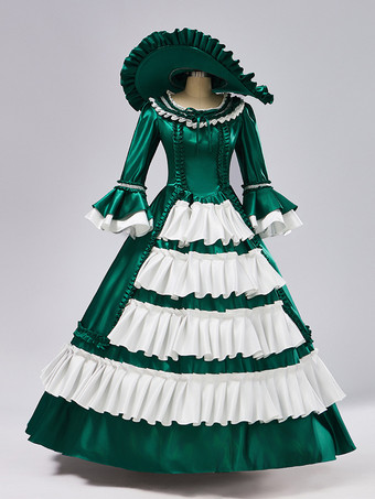 ロココ調レディースドレス ヴィンテージ 長袖 ツートン フリル ボールガウン