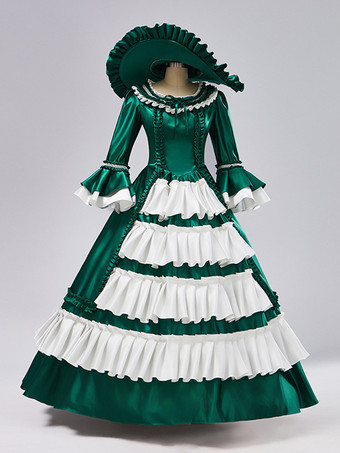 ロココ調レディースドレス ヴィンテージ 長袖 ツートン フリル ボールガウン