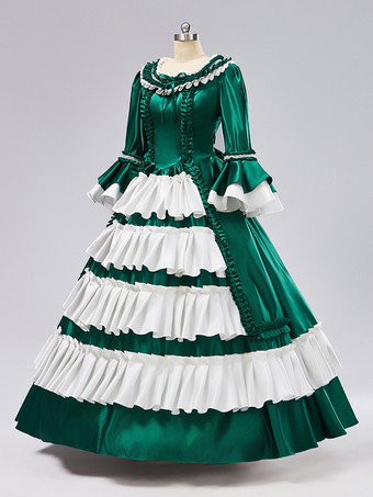 ロココ調レディースドレス ヴィンテージ 長袖 ツートン フリル ボールガウン