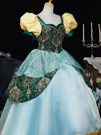 Abito da donna in stile rococò vintage a maniche corte con fiocchi e volant a blocchi di colore