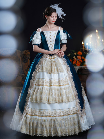 Vestido rococó vintage para mujer con lazos volantes bloques de color manga corta vestido de gala