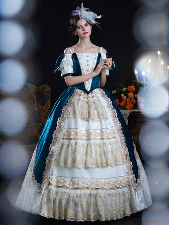 Vestido rococó vintage para mujer con lazos volantes bloques de color manga corta vestido de gala