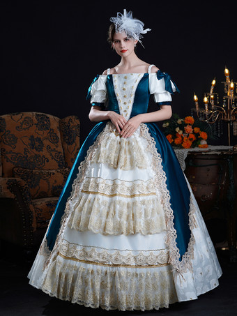 Vestido rococó vintage para mujer con lazos volantes bloques de color manga corta vestido de gala