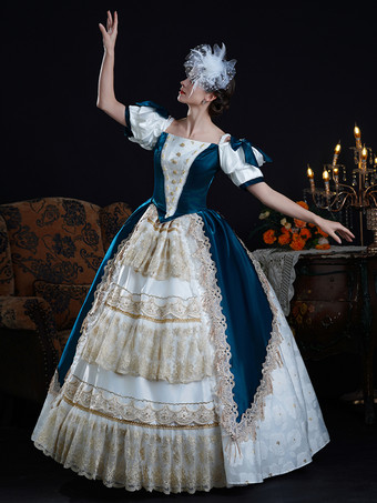 Vestido rococó vintage para mujer con lazos volantes bloques de color manga corta vestido de gala