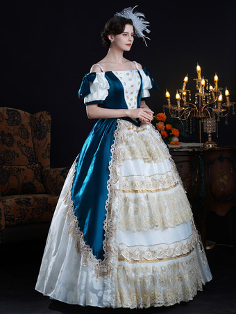 Vestido rococó vintage para mujer con lazos volantes bloques de color manga corta vestido de gala