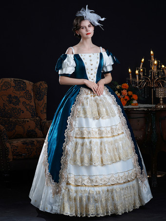 Vestido rococó vintage para mujer con lazos volantes bloques de color manga corta vestido de gala
